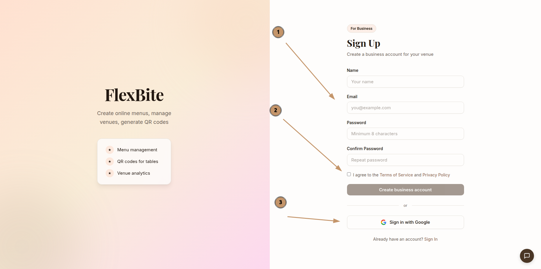 Страница регистрации FlexBite